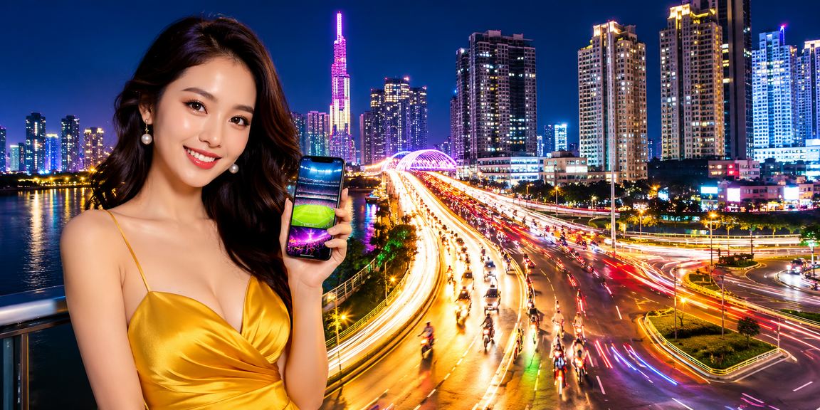 Không khí sôi động về đêm tại TP.HCM với ánh đèn neon và người dùng tham gia cá cược thể thao