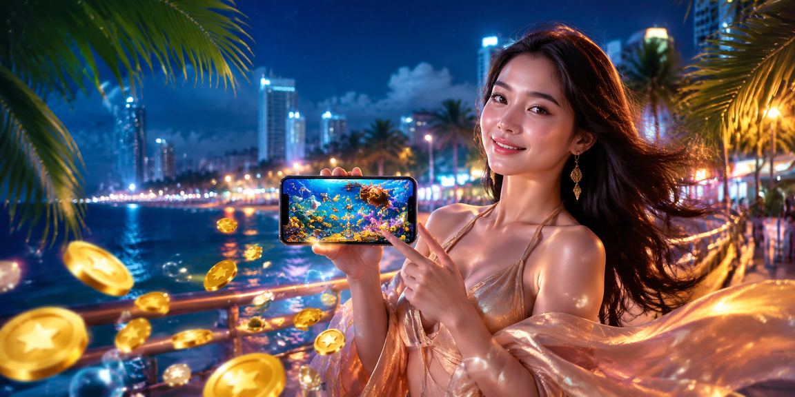 Người dùng tại Nha Trang mở ứng dụng casino và kiểm tra jackpot trên điện thoại bên bờ biển